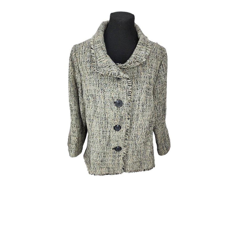 Madison‎ Woman Gray Black Tweed Size 16 W Fringed Hem Button Up Short Blazer
